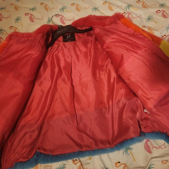 New York & Company Rainbow Striped Colorful Fluffy Faux Fur Coat - Picture 6 of 7